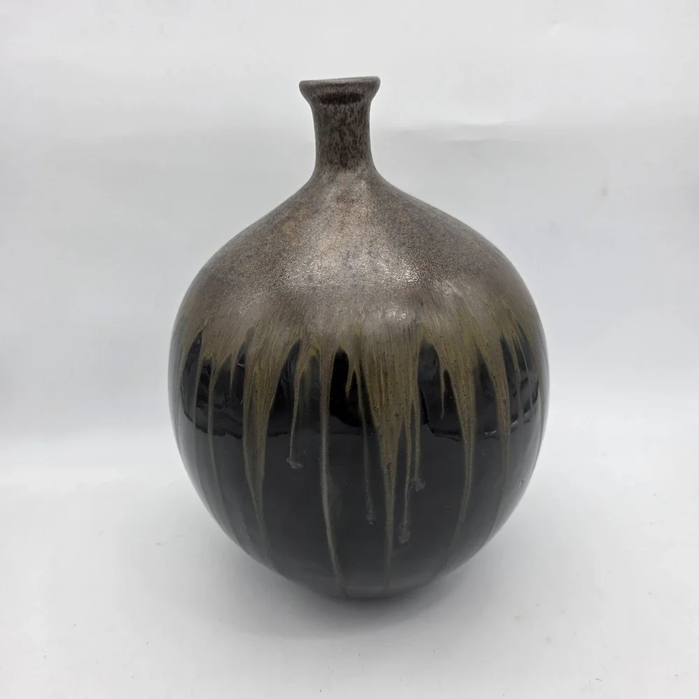 Vintage Large Hosley TM Brown Black Boho Drip Glaze Pottery Vase 12